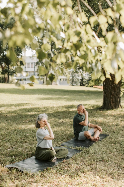 a man and a woman sitting on a blanket in a park, yoga meditation pose, from the distance, aging, jovana rikalo