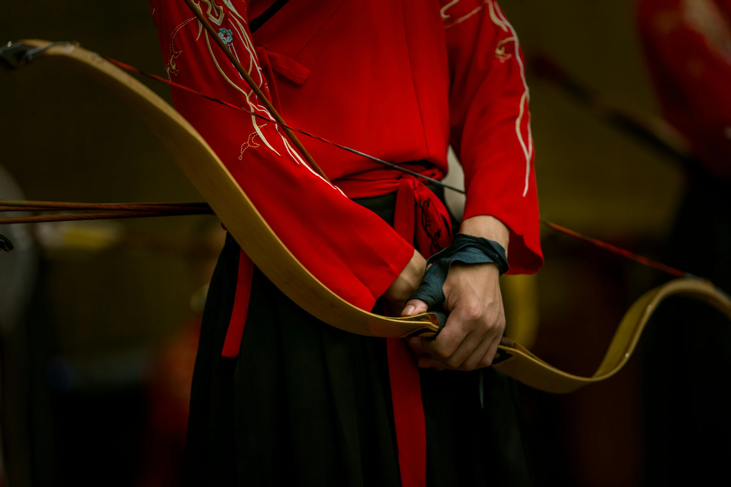 a close up of a person holding a bow, inspired by Miao Fu, pexels contest winner, shin hanga, red robes, slide show, rectangle