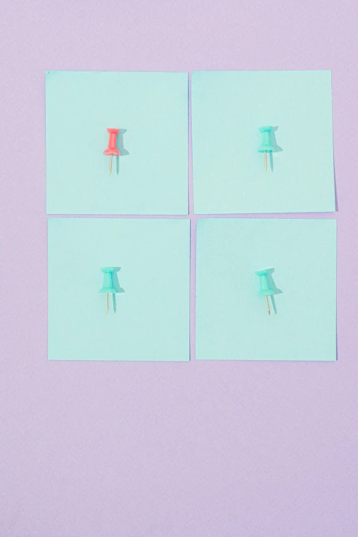 a bunch of post it notes sitting on top of a table, mauve and cyan, pins, minimalist photorealist, enamel