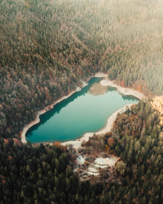 an aerial view of a lake surrounded by trees, by Sebastian Spreng, unsplash contest winner, vintage color photo, slovenian, water reservoir, glowing hue of teal