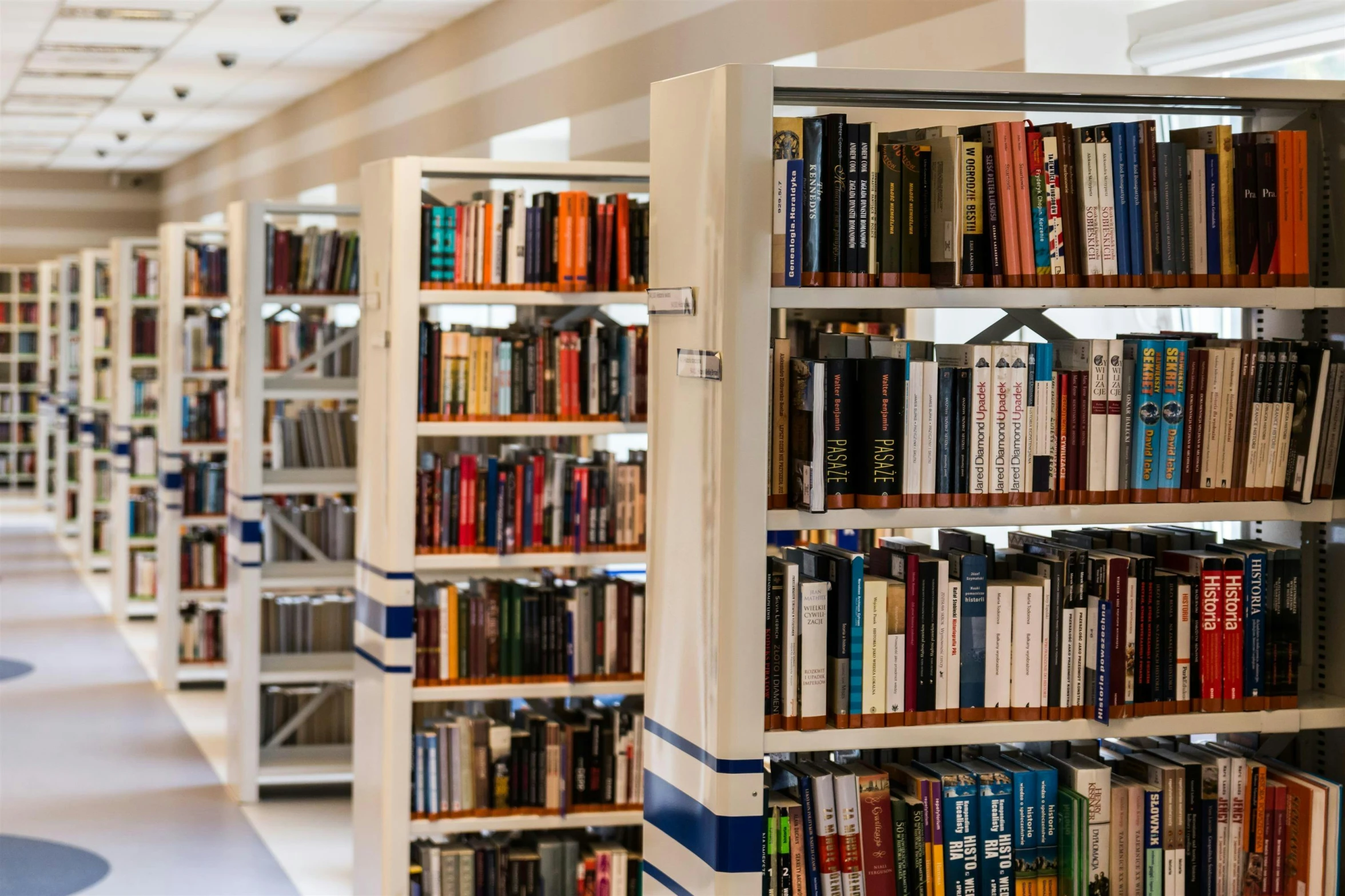 a bookshelf filled with lots of books in a library, pexels, fan favorite, many columns, full-body, advanced technology