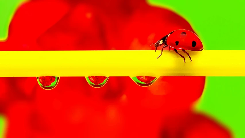 a ladybug sitting on top of a yellow tube, a raytraced image, by Jan Rustem, art photography, rain red color bleed, red neon, green bright red, anna nikonova