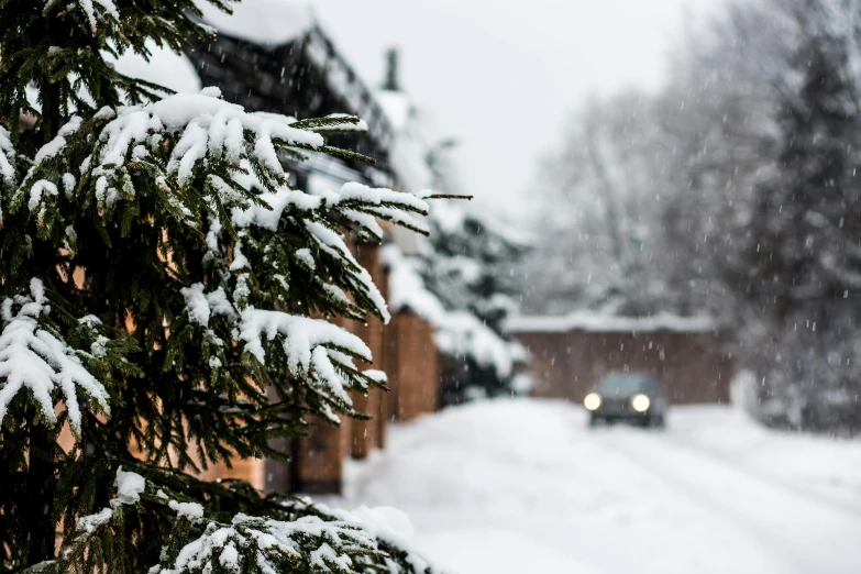 a car driving down a snow covered street, a photo, pexels contest winner, evergreen branches, background image, 8k 50mm iso 10, schools