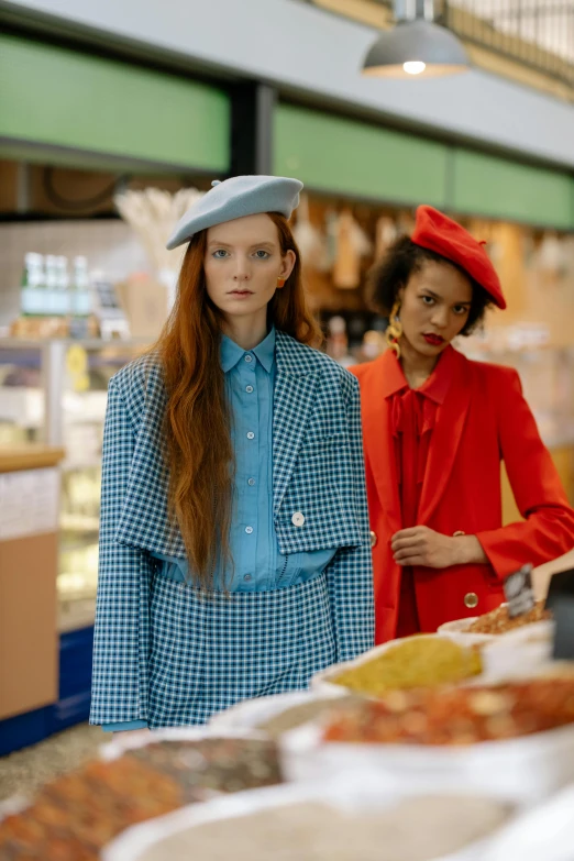 a couple of women standing next to each other, trending on pexels, renaissance, stood in a supermarket, wearing a light blue suit, red hat, official vogue editorial