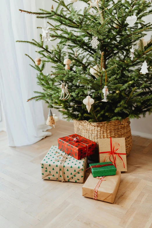 a small christmas tree sitting on top of a wooden floor, by Andries Stock, pexels, figuration libre, birthday wrapped presents, jovana rikalo, decoration around the room, high resolution product photo