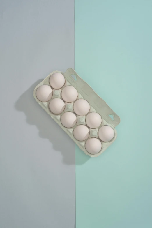 a carton of eggs sitting on top of a blue and white wall, a pastel, inspired by Elsa Bleda, trending on pexels, conceptual art, off-white plated armor, pastel green, pbr material, 2022 photograph
