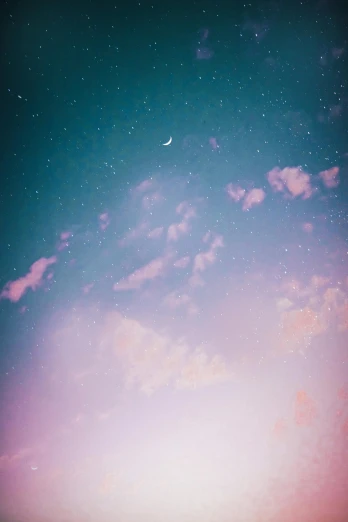 a large body of water with a moon in the sky, an album cover, by Cosmo Alexander, trending on pexels, aestheticism, fluffy pastel clouds, evening starlight, mauve and cyan, sweet dreams