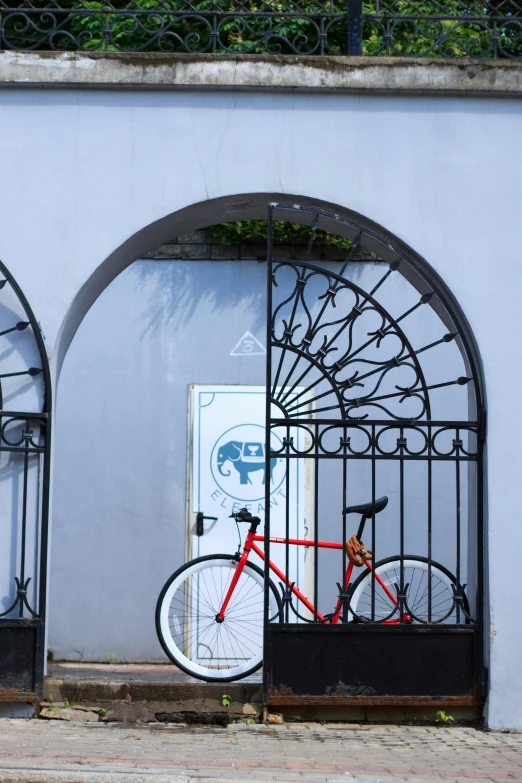 a bicycle is parked in front of a gate, inspired by Louise Bourgeois, pexels contest winner, temporary art, in savannah, arched back, metal framed portal, white and pale blue