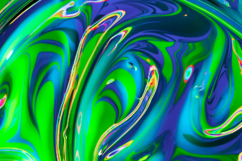 a close up of a green and blue swirl, digital art, flickr, abstract art, neon rainbow drip paint, psychedelic frog, liquid glass, abstract flat colour