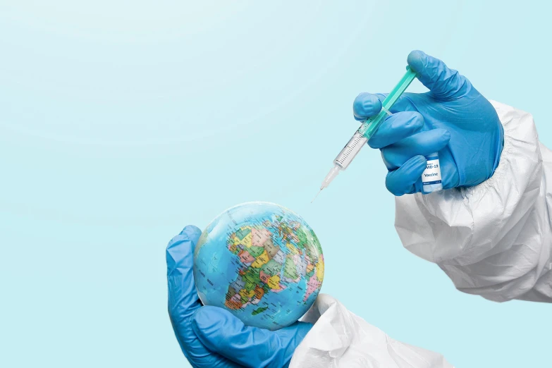 a person in a white lab coat holding a syssor and a globe, an album cover, shutterstock, plasticien, syringe, continents, virus, blue planet