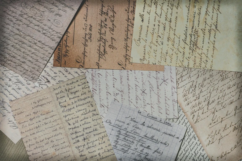 a pile of old letters sitting on top of a table, by Bernard Meninsky, unsplash, montage, background image, panels, ignant