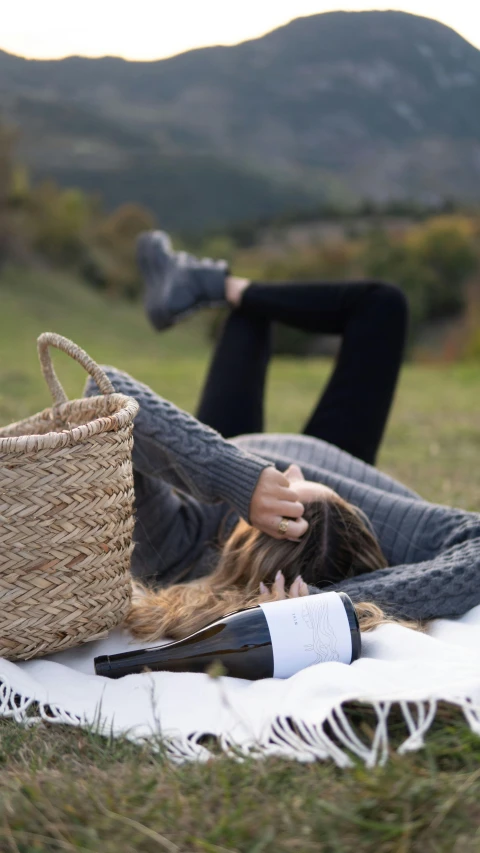 a woman laying on top of a blanket next to a basket, by Robert Brackman, pexels contest winner, happening, drinking wine, crashed in the ground, in spain, 15081959 21121991 01012000 4k