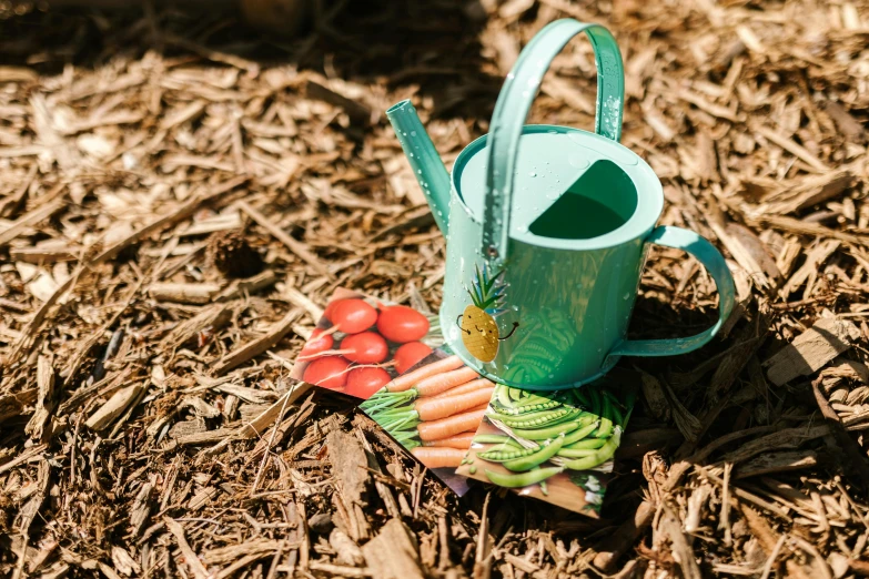 a green watering can sitting on top of a pile of mulch, an album cover, by Julia Pishtar, unsplash, painted metal, in garden, multi - coloured, edible