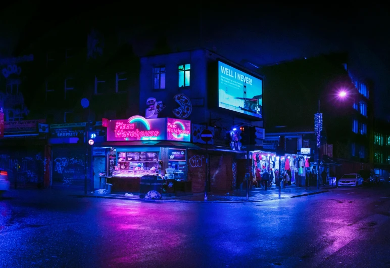 a city street at night with neon lights, cyberpunk art, pexels contest winner, dive bar with a karaoke machine, foggy neon night, purple and blue neon, beeple and mike winkelmann