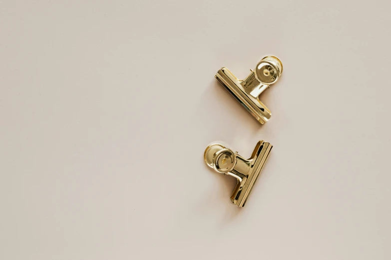 a pair of gold clips on a white surface, unsplash, hammershøi, aeron alfrey, glossy surface, clamp