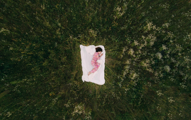 a woman laying on a blanket in the middle of a field, by Elsa Bleda, unsplash contest winner, conceptual art, white and pink cloth, above a forest, top down view, maternity feeling