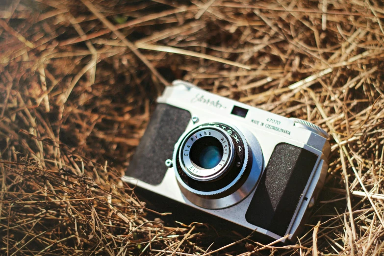 a close up of a camera on the ground, a picture, unsplash, holga, a wooden