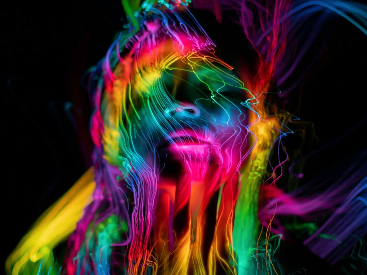 a woman that is standing in the dark, an airbrush painting, trending on pexels, psychedelic art, colorful wires, fiberoptic hair, brainbow, blurry photography
