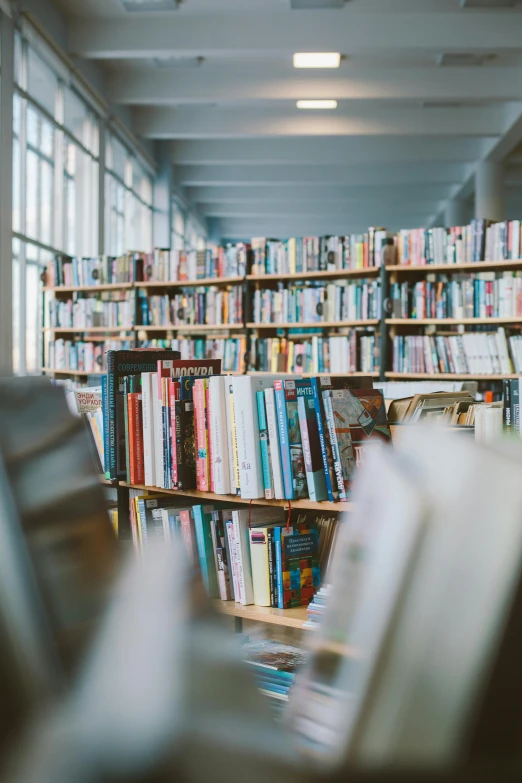 a bookshelf filled with lots of books in a library, pexels contest winner, happening, books on side table, rows of windows lit internally, photo for a store, instagram story