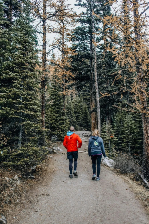 two people walking down a path in the woods, pexels contest winner, rocky mountains in background, 🚿🗝📝