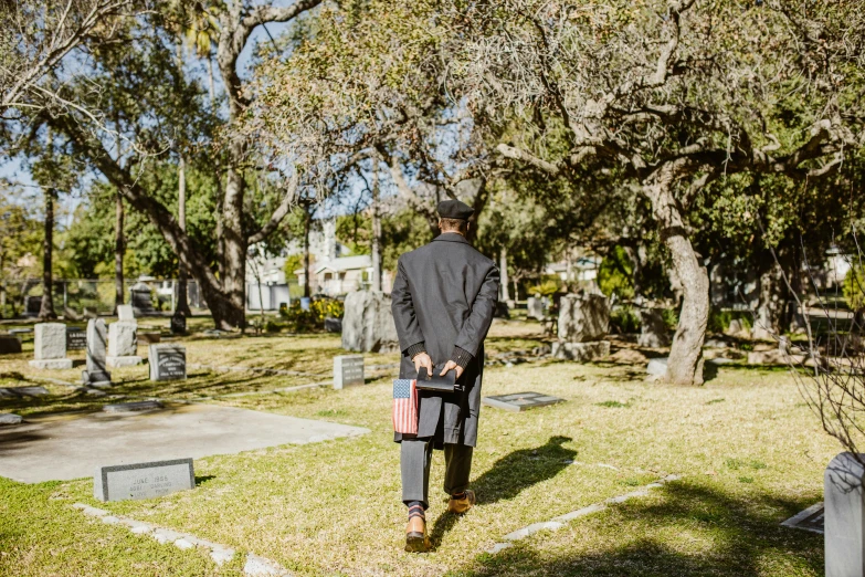 a man in a suit walking through a cemetery, by Carey Morris, unsplash, visual art, grassy knoll, wearing robes and neckties, over the shoulder view, february)
