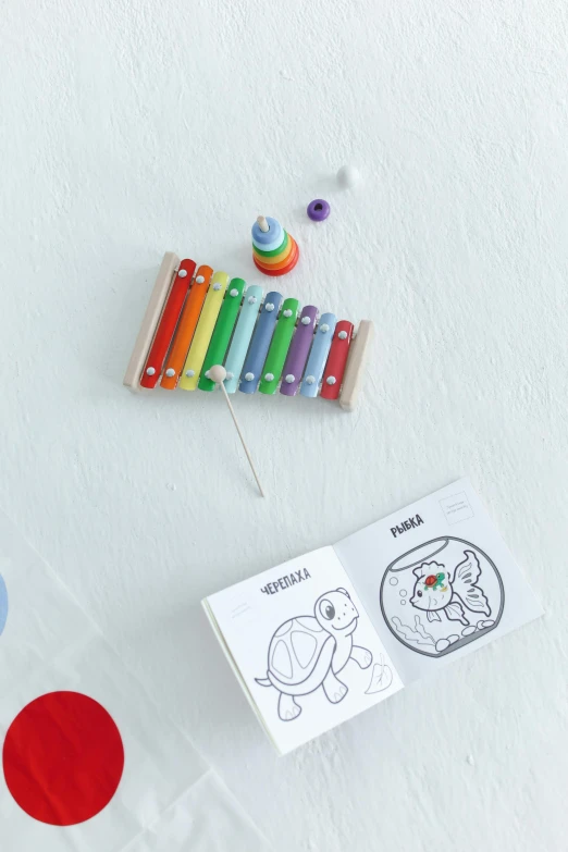 a pair of scissors sitting on top of a table, a picture, xylophone, toy package, rainbow color scheme, turtle