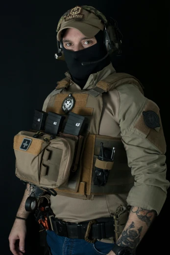 a man in military gear posing for a picture, a portrait, by Jason Felix, reddit, technical vest, high angle close up shot, rb6s), chest guard