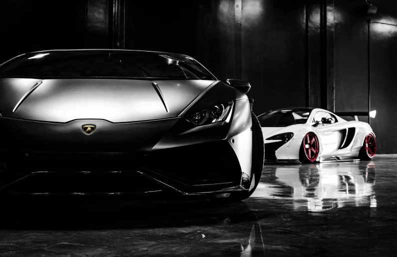 a black and white photo of two sports cars, trending on cgsociety, bold lamborghini style, accent lighting : : peugot onyx, made of liquid metal and marble, demons