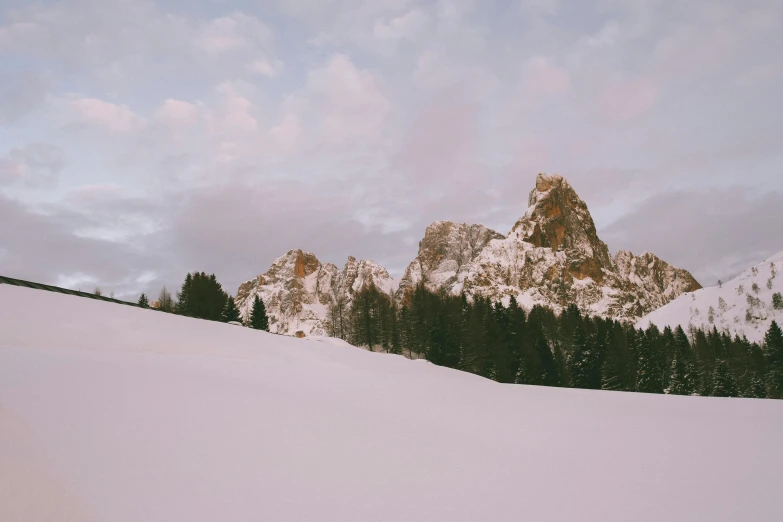 a person riding skis down a snow covered slope, an album cover, unsplash contest winner, cypresses and hills, pale pink grass, dolomites, landscape photo