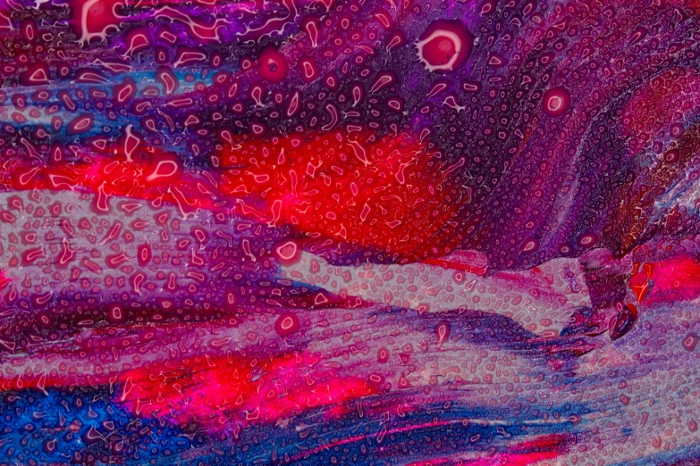 a close up of a painting of a person on a surfboard, a microscopic photo, inspired by František Kupka, flickr, lyrical abstraction, red and purple nebula, deepdream, lacquer on canvas, magenta colours