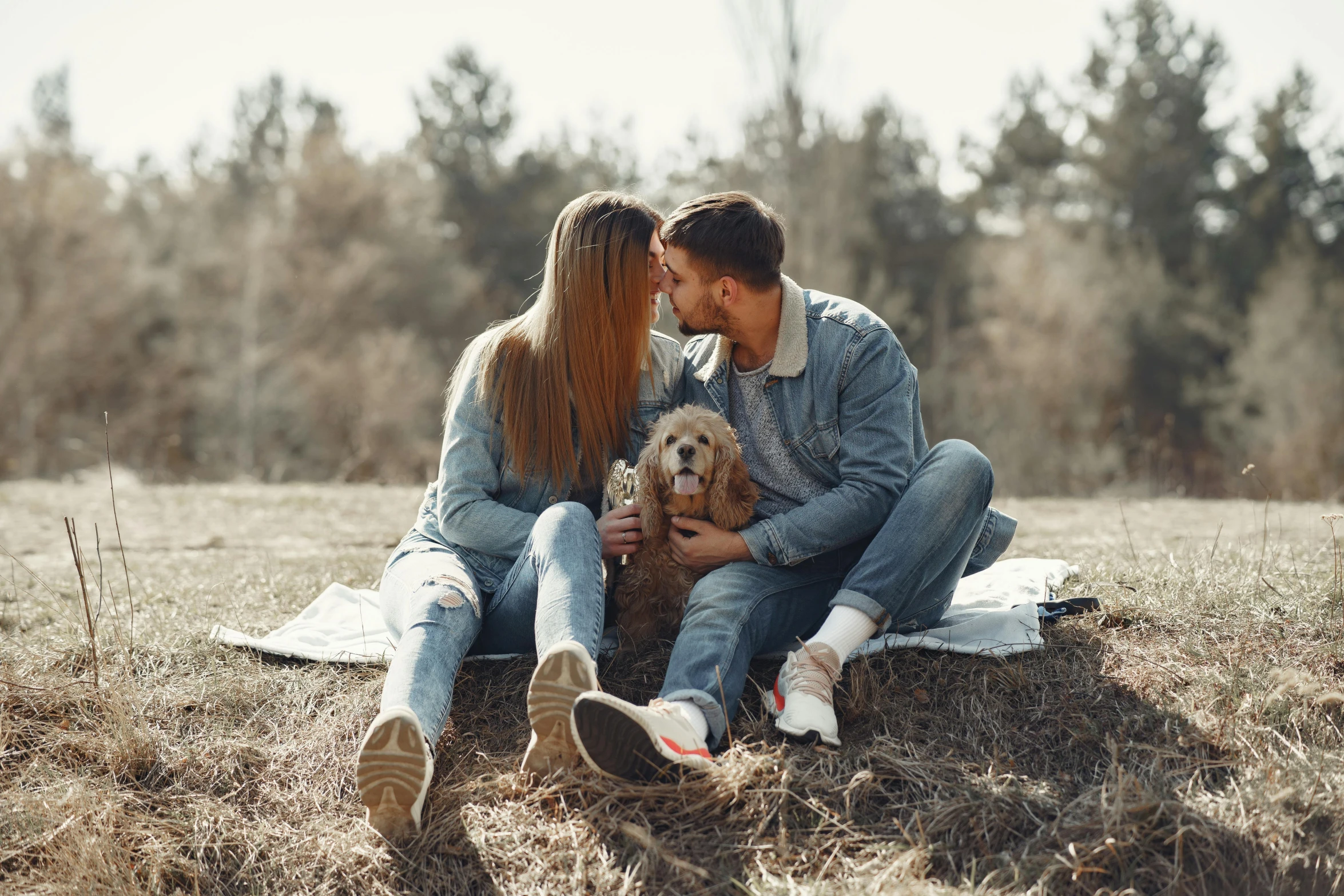 a man and woman sitting in a field with a dog, pexels contest winner, beautiful girlfriend, 15081959 21121991 01012000 4k, chemistry, instagram post