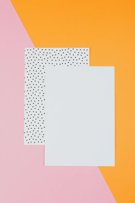 two sheets of white paper on an orange and pink background, a screenprint, unsplash, black dots, light grey background, patterned background, card template