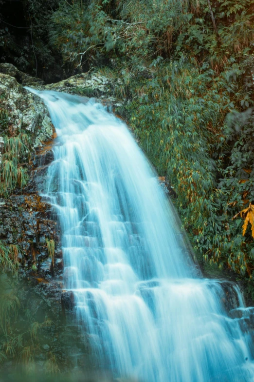 a waterfall flowing through a lush green forest, unsplash, art nouveau, slide show, blurred photo, autumnal, chile