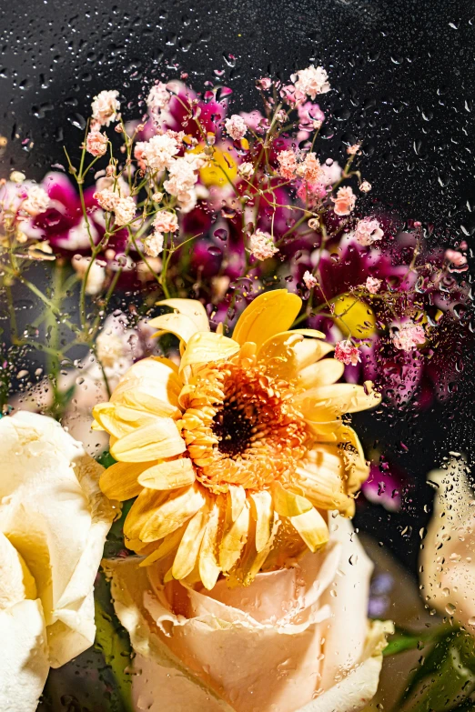 a bunch of flowers that are in a vase, a still life, inspired by François Boquet, trending on unsplash, romanticism, floating dust particles, closeup of magic water gate, vibrant but dreary gold, field of mixed flowers