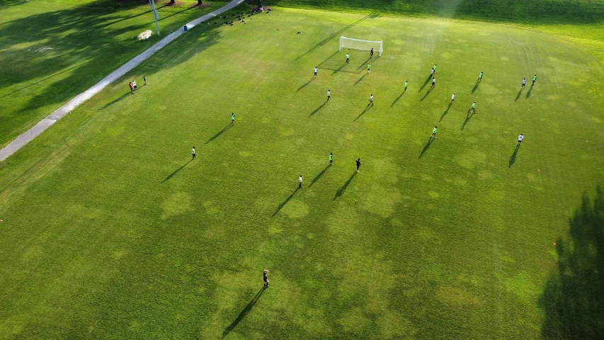 a group of people standing on top of a lush green field, on a soccer field, casting long shadows, softair center landscape, clubs