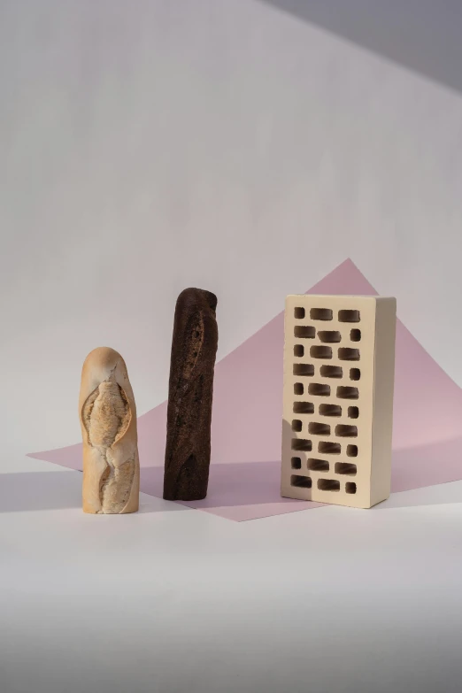 a couple of figurines sitting on top of a table, an abstract sculpture, inspired by Giorgio Morandi, unsplash, new sculpture, buildings covered with greebles, temple made of flesh, dough sculpture, studio product shot