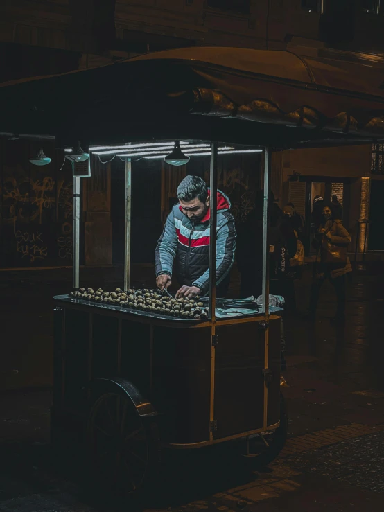 a man standing in front of a food cart at night, by Elsa Bleda, pexels contest winner, kebab, transparent background, youtube thumbnail, multiple stories