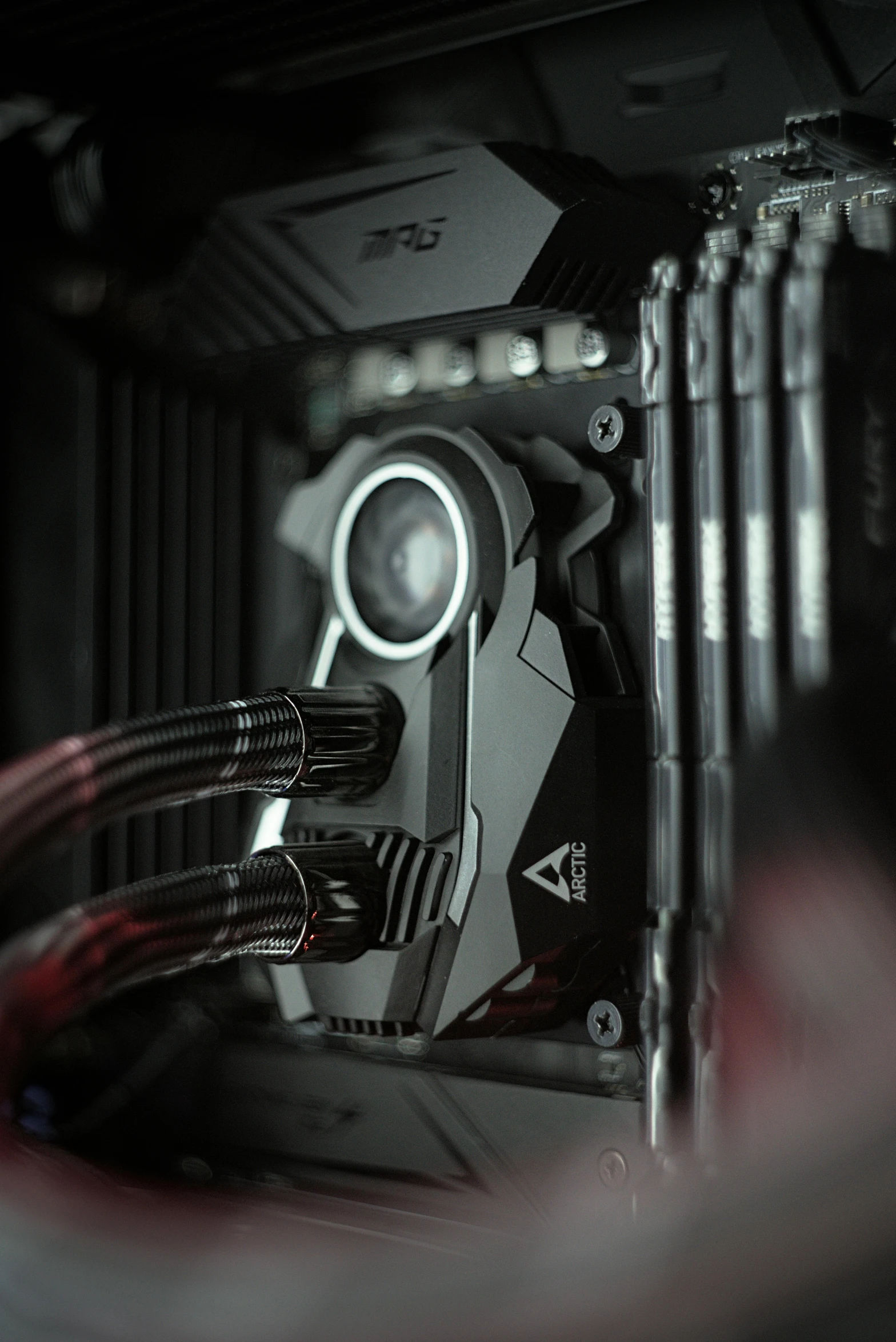 a close up of the inside of a computer case, a computer rendering, polycount contest winner, with cryengine, portrait shot, water-cooled, nvidia promotional image