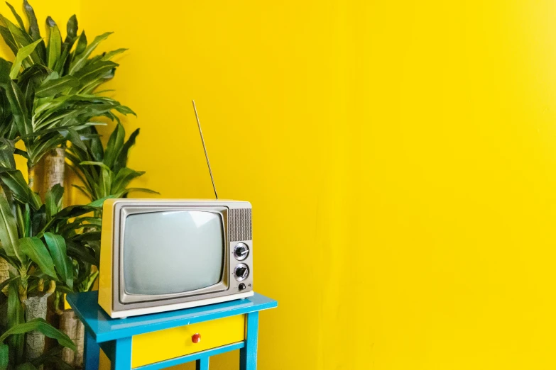 a television sitting on top of a blue table next to a potted plant, inspired by Wes Anderson, trending on pixabay, yellow clothes, an antique, background image, news broadcast