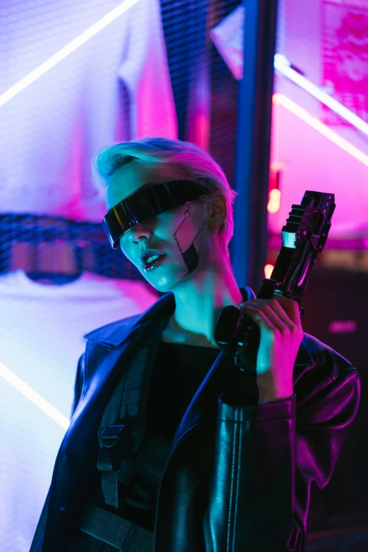 a woman in a leather jacket holding a gun, cyberpunk art, neon lenses, an epic non - binary model, felix englund style, digital sunglasses