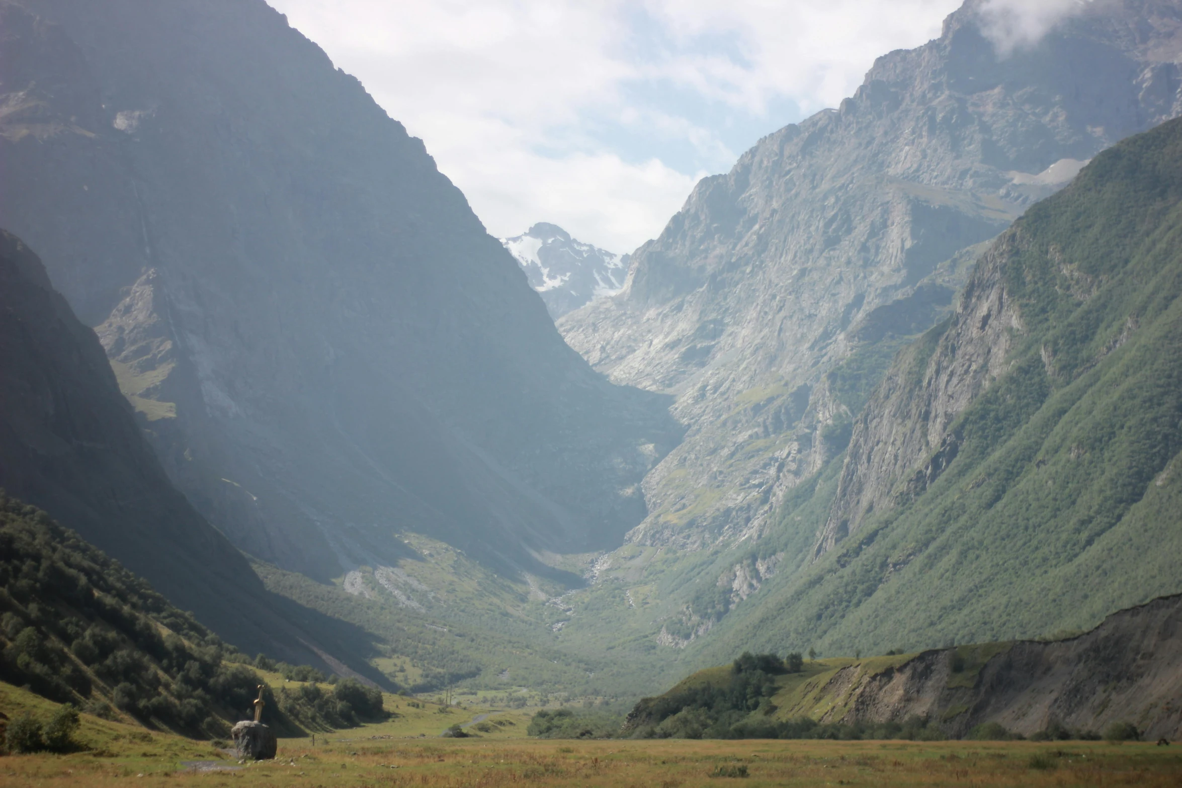 a herd of cattle standing on top of a lush green field, by Muggur, hurufiyya, in between a gorge, glacier, andree wallin, portait image