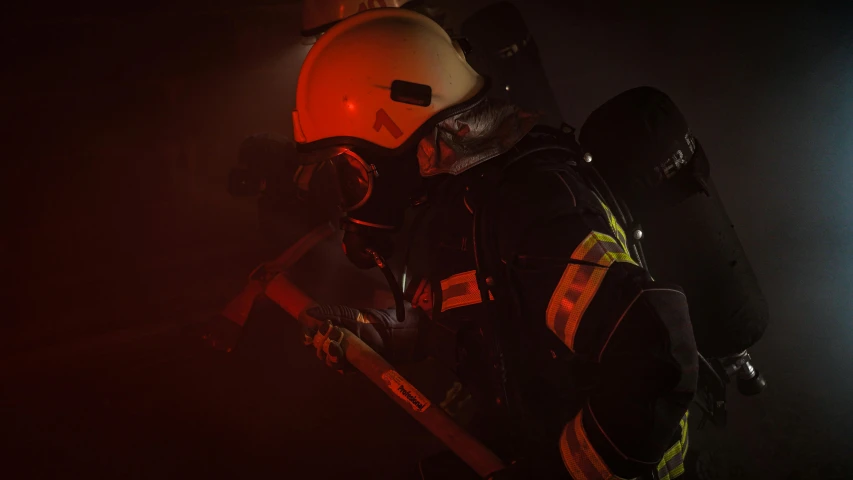 a firefighter standing next to a fire hydrant, pexels contest winner, figuration libre, smoke under the ceiling, avatar image, 2263539546], (night)