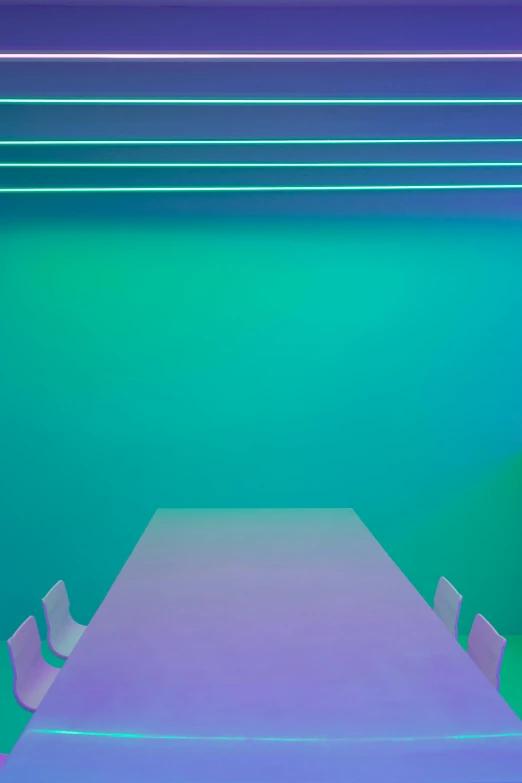 a long table with white chairs in front of a green wall, a minimalist painting, inspired by Elsa Bleda, pexels contest winner, light and space, rainbow neon strips, gradient cyan to purple, james turrell, dinner table
