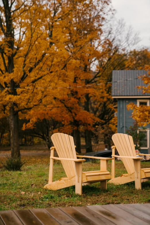 a couple of wooden chairs sitting on top of a wooden deck, maple trees with fall foliage, sitting in a field, dwell, mills