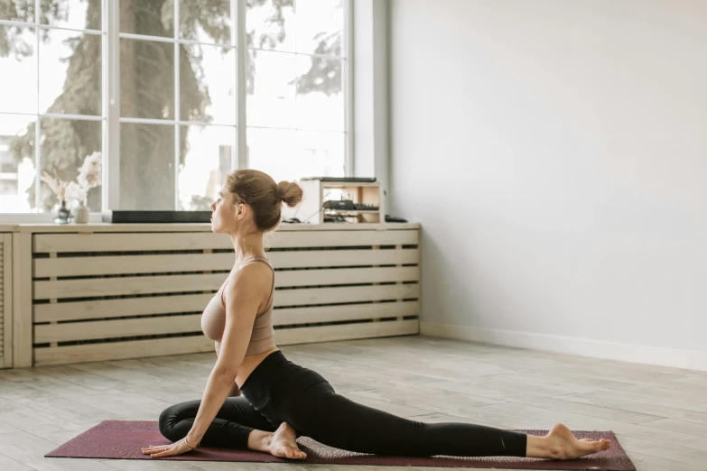 a woman in a yoga pose in front of a window, unsplash, straya, thick tail, sitting on the floor, with a sleek spoiler