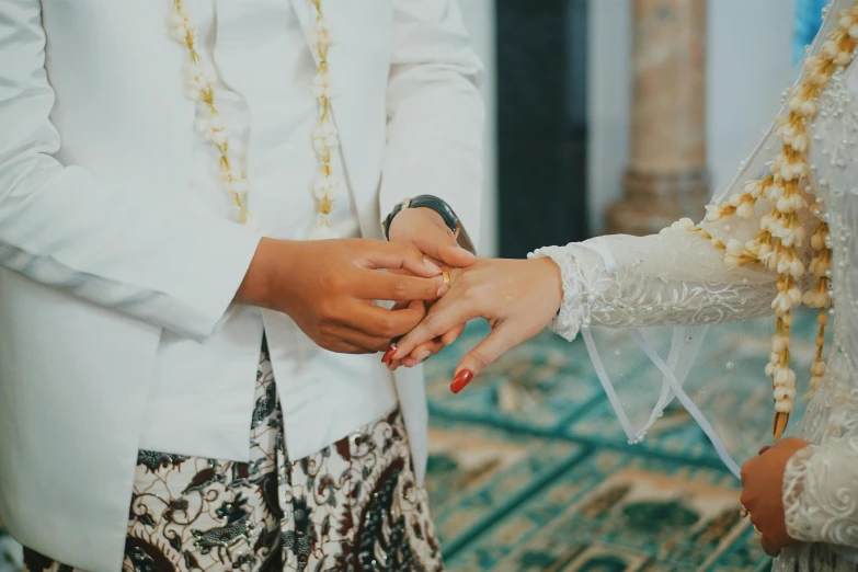 a close up of a person putting a ring on another person's finger, hurufiyya, sea - green and white clothes, background image, royal wedding, thumbnail