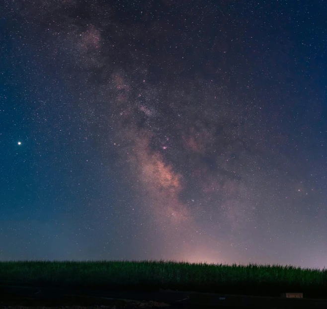 a field at night with the milky in the background, pexels contest winner, space art, wide long view, well lit sky, post processed, summer night