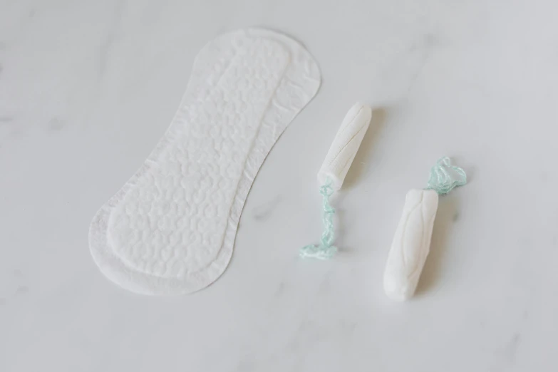 a pair of sanitary pads next to a toothbrush, by Nicolette Macnamara, made of lab tissue, petite body, top view, 3 - piece