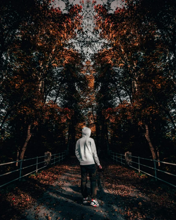 a person standing on a path with trees in the background, an album cover, pexels contest winner, realism, chrome face symmetry, 🍂 cute, dark. no text, kaleidoscopic