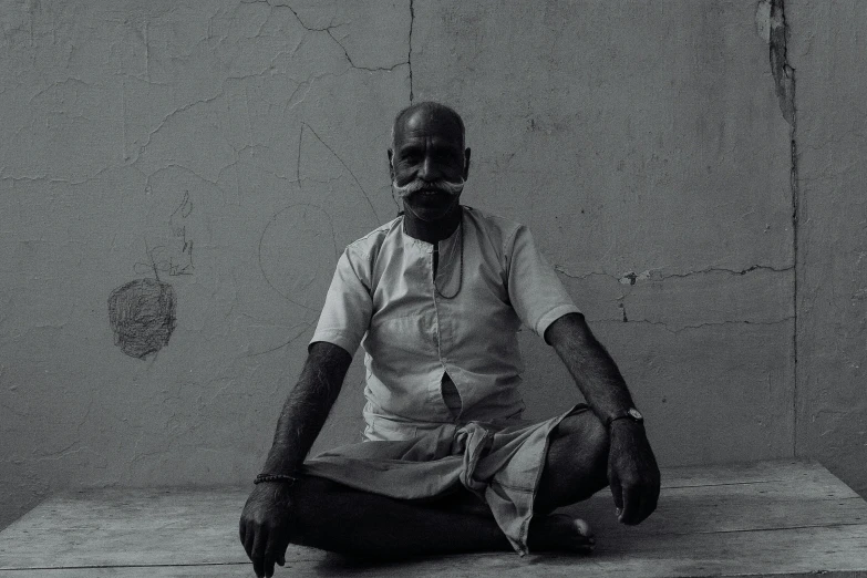 a man sitting on top of a wooden table, a black and white photo, inspired by Bapu, pexels contest winner, sitting on the floor, oldman with mustach, meditating pose, symmetrical pose